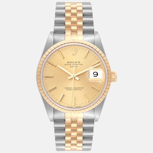 Date Steel Yellow Gold Engine Turned Bezel Men's Watch 34 mm - Rolex - Modalova