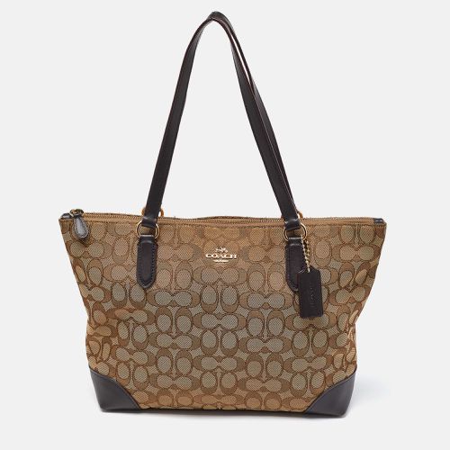 Brown Signature Jacquard and Leather Zip Tote - Coach - Modalova