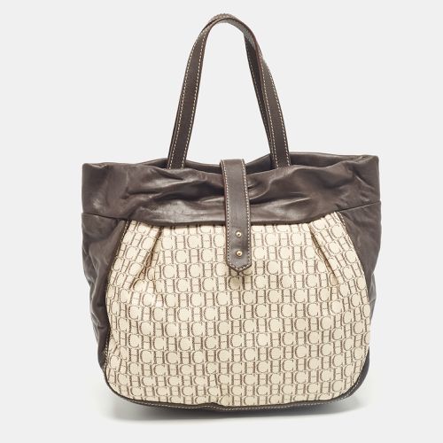 Dark /Off White Monogram Canvas and Leather Flap Hobo - Carolina Herrera - Modalova