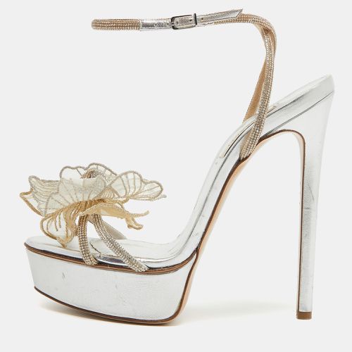 Silver/ Crystal Leather Flower Embellished Platform Ankle Strap Sandals Size 38.5 - Casadei - Modalova