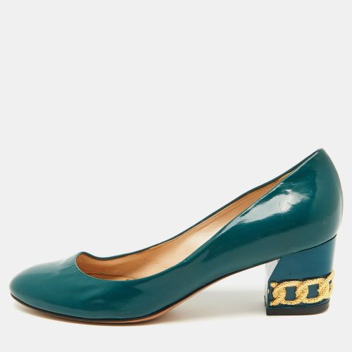 Teal Patent Leather Chain Block Heel Round Toe Pumps Size 38 - Casadei - Modalova