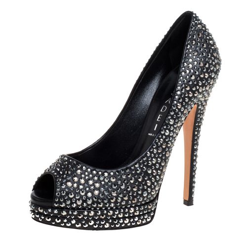 Leather Swarovski Crystal Embellished Peep Toe Pumps Size 37 - Casadei - Modalova