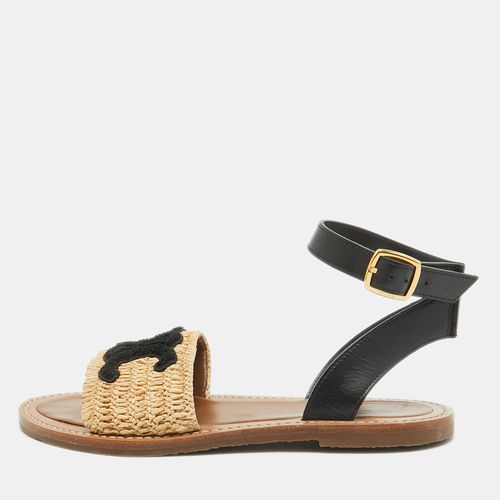 Black Leather and Raffia Ankle Strap Flat Sandals Size 39 - Celine - Modalova