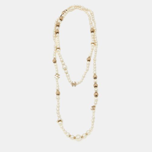 CC Charm Faux Pearl Crystal Gold Tone Beaded Long Necklace - Chanel - Modalova