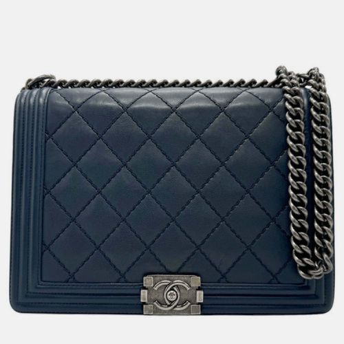 Navy Gunmetal Leather Boy Bag - Chanel - Modalova