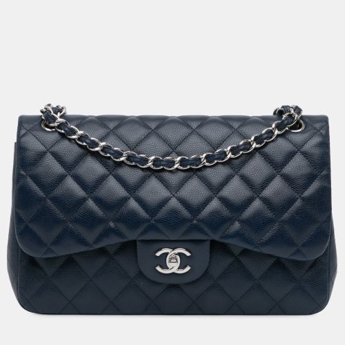 Dark Blue Caviar Leather Jumbo Classic Double Flap Shoulder Bag - Chanel - Modalova