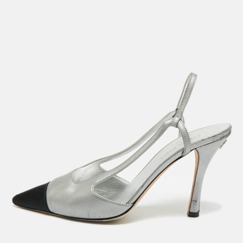 Black/ Leather and Canvas Pointed Toe Slingback Pumps Size 41 - Chanel - Modalova