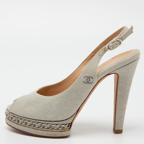 Canvas CC Chain Link Platform Peep Toe Slingback Pumps Size 37.5 - Chanel - Modalova