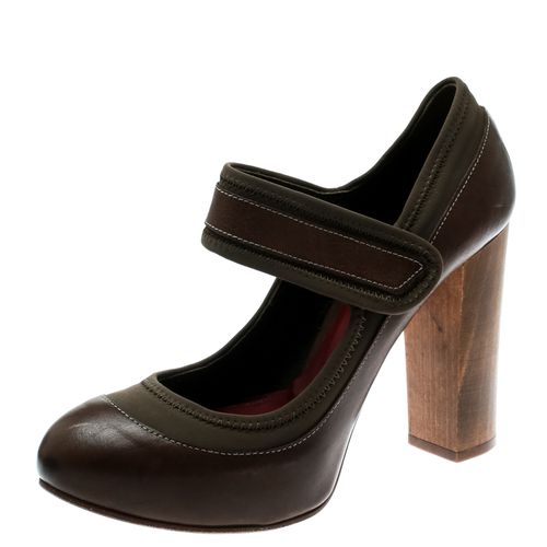 Leather And Khaki Fabric Mary Jane Block Heel Platform Pumps Size 38 - Chloe - Modalova