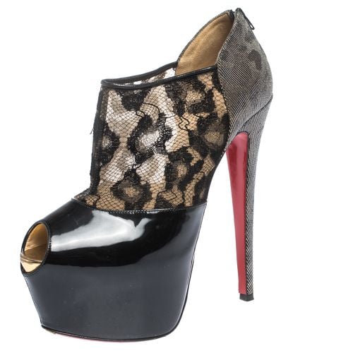 Leopard Print Lamé Fabric and Patent Leather Aeronotoc Peep Toe Platform Booties Size 38 - Christian Louboutin - Modalova