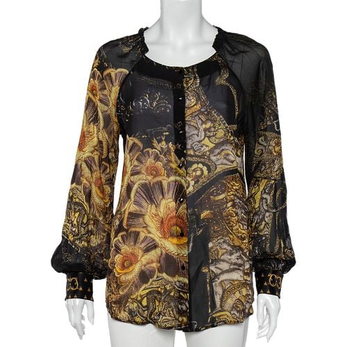 Printed Silk Ruffled Neck Button Front Top M - Class by Roberto Cavalli - Modalova