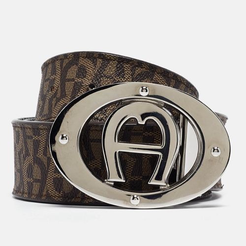 Dark Monogram Coated Canvas and Leather Logo Belt - Aigner - Modalova