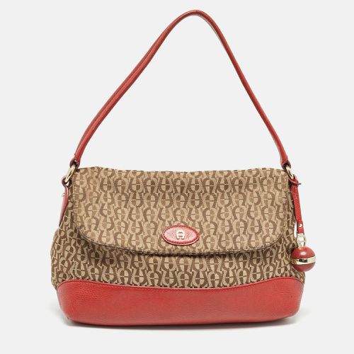 Red Signature Canvas and Leather Logo Flap Shoulder Bag - Aigner - Modalova