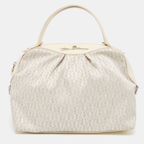 Cream Monogram Canvas and Patent Leather Logo Satchel - Aigner - Modalova