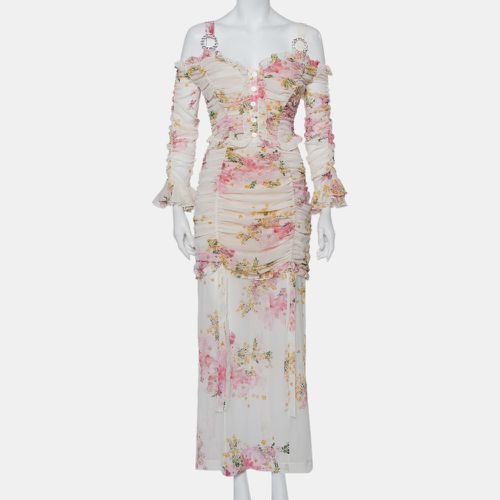 Floral Printed Silk Ruched Cold Shoulder Maxi Dress M - Alessandra Rich - Modalova