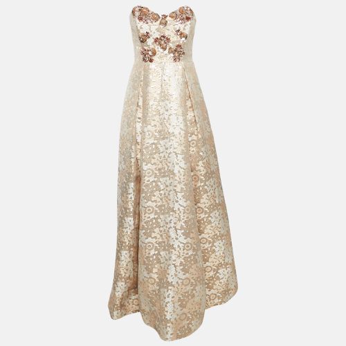 Rose Sequin Embellished Brocade Strapless Gown M - Badgley Mischka - Modalova