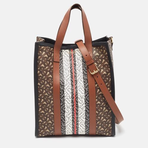 Brown TB Monogram Coated Canvas and Leather Stripe Portrait Tote - Burberry - Modalova