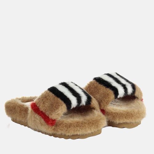 Buberry (Kids) Faux Fur Icon Stripe Motif Slides EU 32 - Burberry - Modalova