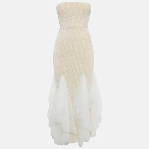 Beige Flock Print Tulle Ruffled Strapless Midi Dress XS - God Save Queens - Modalova