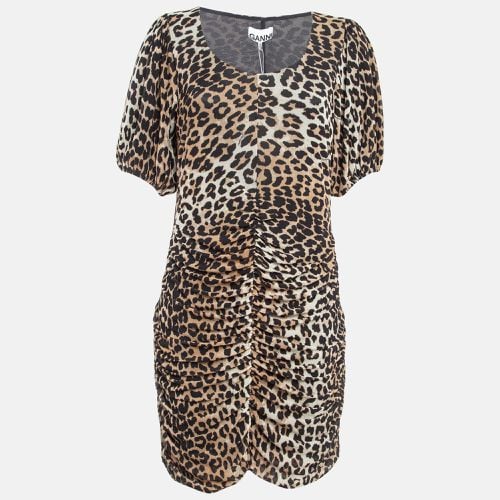 Leopard Print Jersey Mesh Ruched Mini Dress L - Ganni - Modalova