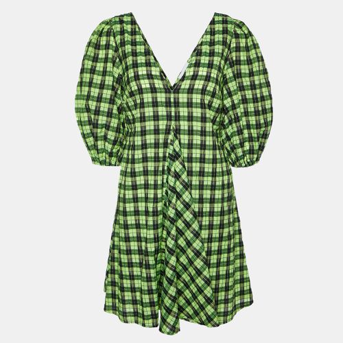 Neon /Black Checkered Cotton Puff Sleeve Dress XS - Ganni - Modalova