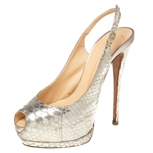 Python Embossed Leather Peep-Toe Slingback Pumps Size 38 - Giuseppe Zanotti - Modalova