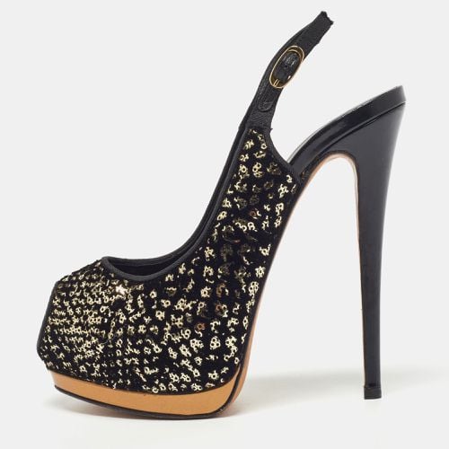 Guiseppe Zannotti /Gold Sequins and Velvet Peep Toe Slingback Platform Sandals Size 37 - Giuseppe Zanotti - Modalova