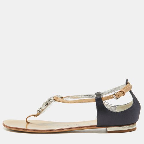 Navy Blue Leather and Satin Ankle Strap Sandals Size 39.5 - Giuseppe Zanotti - Modalova