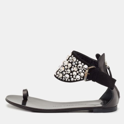 Suede and Leather Crystal Embellished Ankle Wrap Flat Sandals Size 36 - Giuseppe Zanotti - Modalova