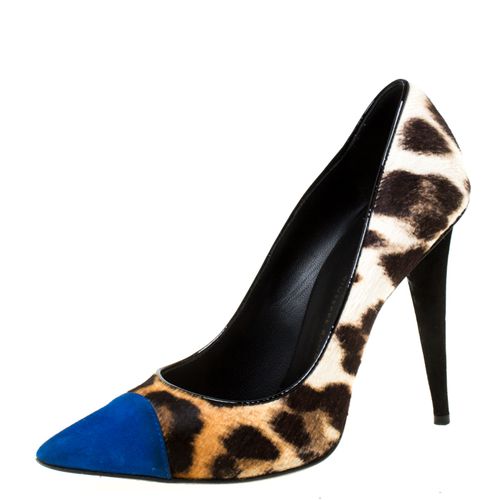 Leopard Print Pony hair And Blue Suede Pointed Toe Pumps Size 37.5 - Giuseppe Zanotti - Modalova