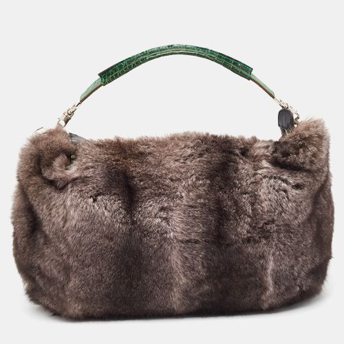 Green Rabbit Fur, Croc and Leather Zip Hobo - Gianfranco Ferre - Modalova