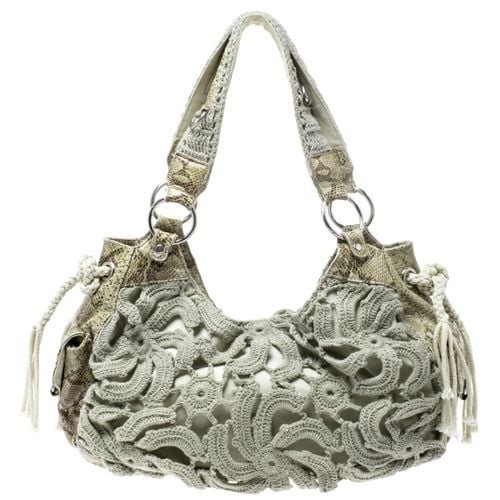 Olive /Cream Crochet and Python Embossed Leather Tote - Gianfranco Ferre - Modalova