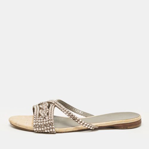 Beige Crystal Embellished Leather Flat Slides Size 38.5 - Gina - Modalova