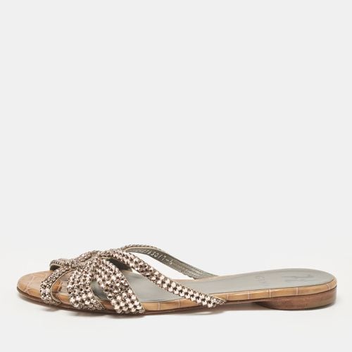 Brown Crystal Embellished Leather Flat Slides Size 39 - Gina - Modalova