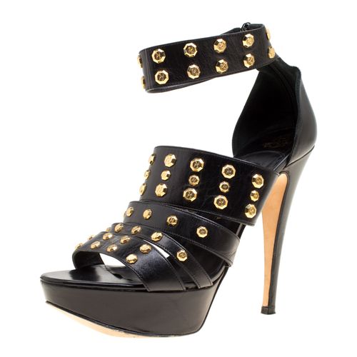 Black Leather Studded Ankle Strap Platform Sandals Size 39.5 - Gina - Modalova