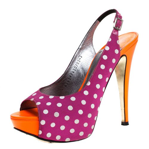 Orange Polka Dot Fabric And Patent Open Toe Slingback Sandals Size 38 - Gina - Modalova