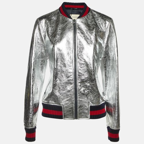 Silver Crinkle Leather Bomber Jacket XL - Gucci - Modalova