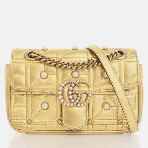 Golden Metallic Leather GG Marmont Matelassé Small Pearl Shoulder Bag - Gucci - Modalova