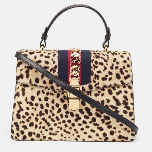 Black Leopard Print Calfhair and Leather Medium Sylvie Top Handle Bag - Gucci - Modalova