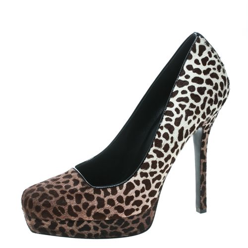 Brown Leopard Print Degradé Pony Hair Square Toe Platform Pumps Size 38.5 - Gucci - Modalova