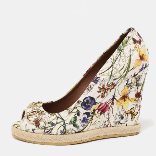 Floral Print Canvas Horsebit Peep Toe Wedge Pumps Size 40 - Gucci - Modalova