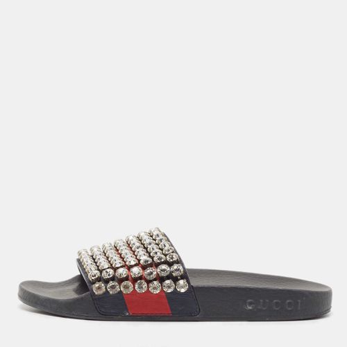 Red Web Leather Crystal Embellished Slides Size 35 - Gucci - Modalova