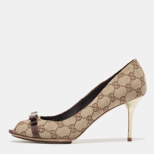 Beige/ Canvas and Leather Peep Toe Pumps Size 39 - Gucci - Modalova