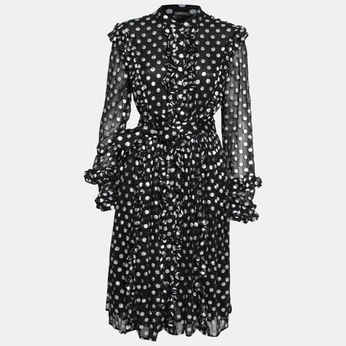 Silver Polka Dotted Chiffon Ruffle Trimmed Belted Dress M - Dodo Baror - Modalova