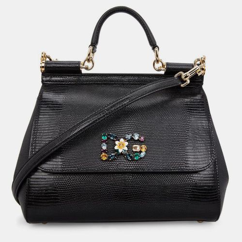 Lizard Embossed Leather Crystal DG Logo Medium Miss Sicily Bag - Dolce & Gabbana - Modalova