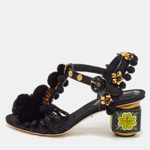 Fabric and Raffia Pom Pom Embellished T-Strap Sandals Size 35 - Dolce & Gabbana - Modalova