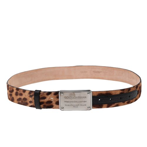 Leopard Print Calf Hair Logo Plaque Belt 95CM - Dolce & Gabbana - Modalova