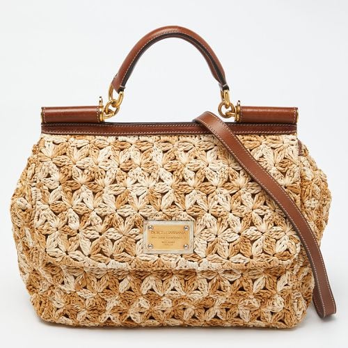 Brown Crochet Raffia and Leather Large Miss Sicily Top Handle Bag - Dolce & Gabbana - Modalova