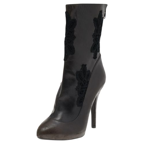 Dark /Black Leather and Lace Ankle Boots Size 39 - Dolce & Gabbana - Modalova