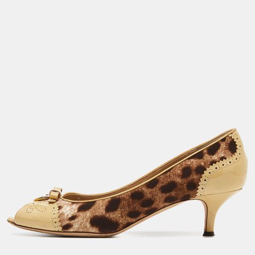 Leopard Print Canvas Patent Leather Peep Toe Pumps Size 39 - Dolce & Gabbana - Modalova